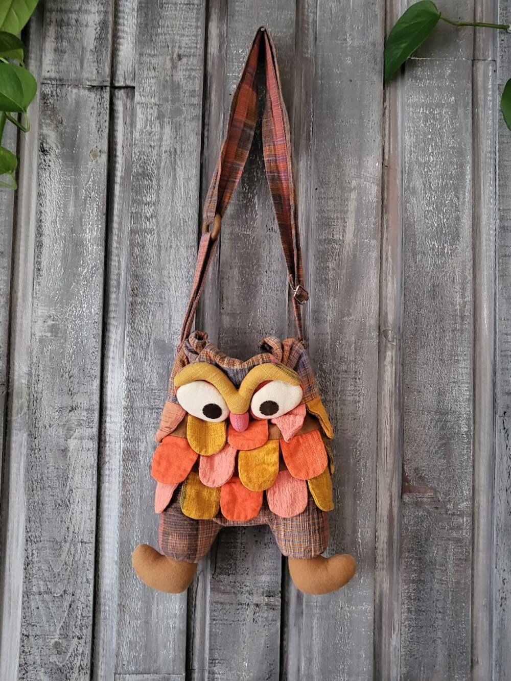 Boho Cotton Patchwork Owl Crossbody Bag Plaid Festival Purse NWOT